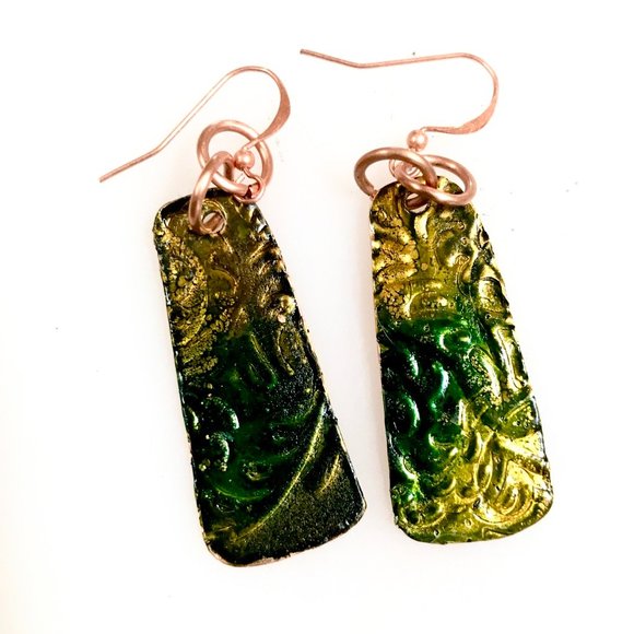 Rustic Little  Green Blue Textured Solid Copper Earrings Brutalist Abstract Boho - Picture 7 of 8